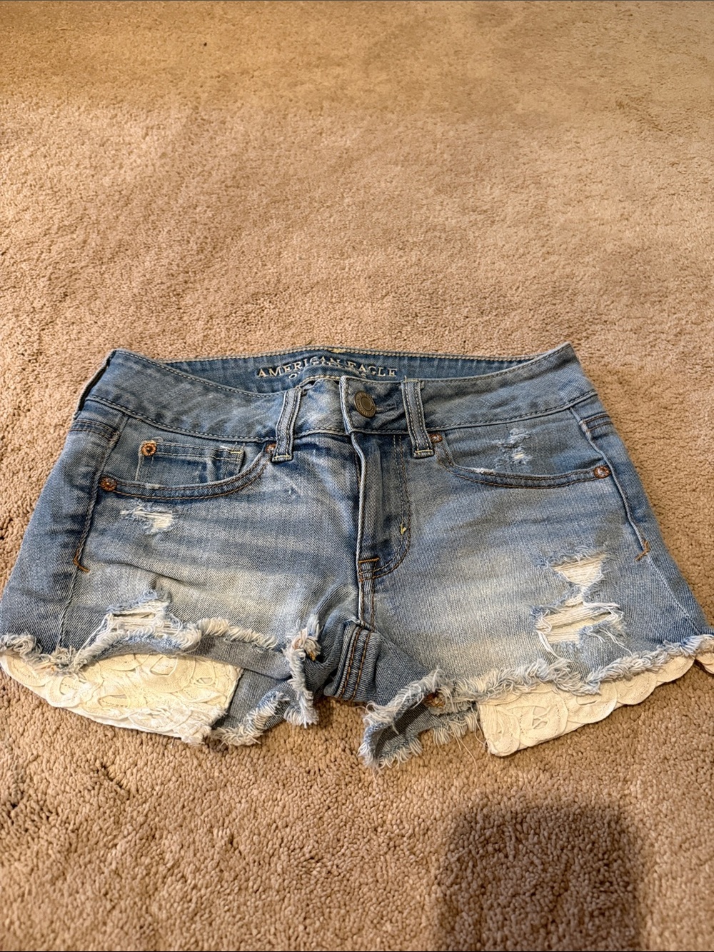 American Eagle Outfitters Light Blue Distressed Denim Shorts with Lace Trim